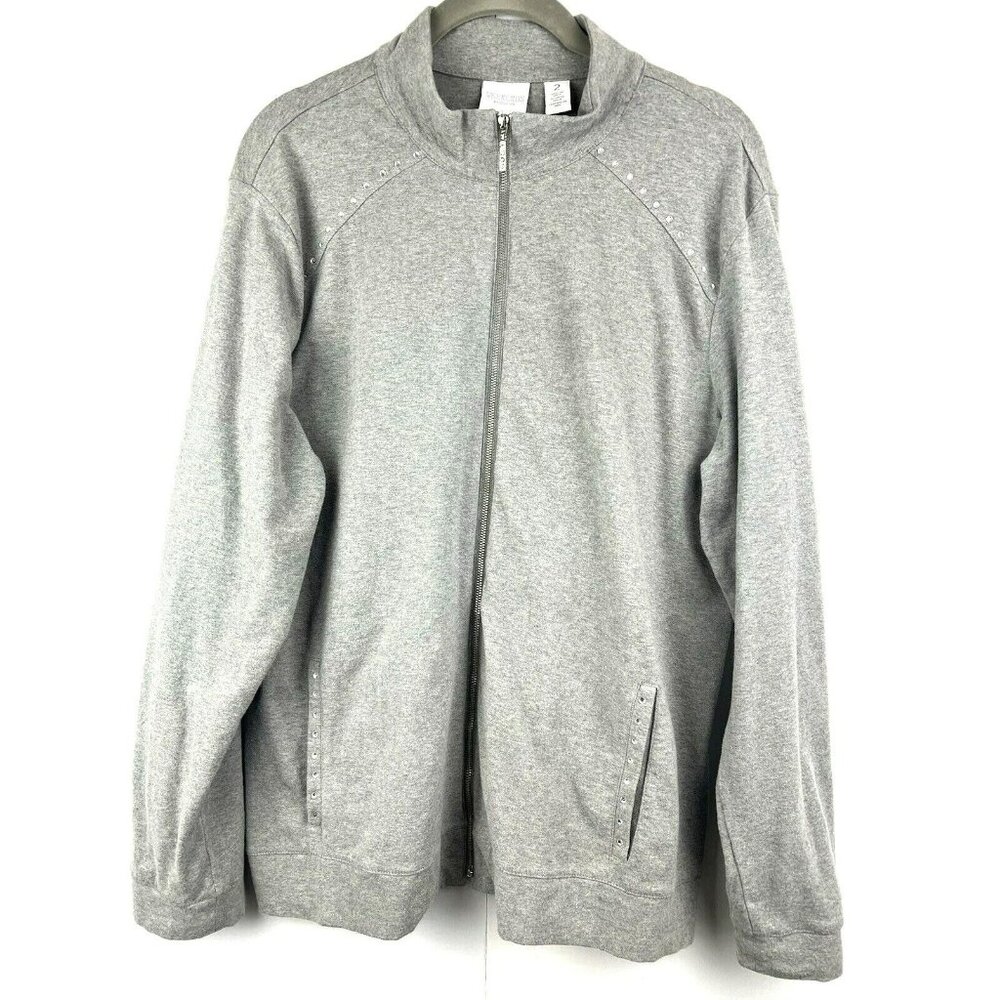 Weekends by Chicos Jacket 2 US Large Gray Full Zip Bling‎ Rhinestones Pockets